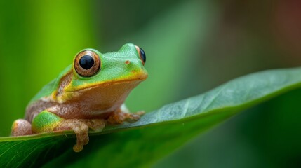 Obraz premium A vibrant tree frog rests on a tropical leaf, embodying nature's delicate beauty. 