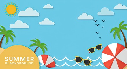 Obraz premium Flat 2D Summer Beach Scene with Palm Trees, Umbrellas, and Waves