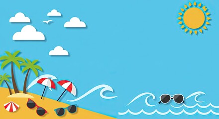 Naklejka premium Flat 2D Summer Beach Scene with Palm Trees, Umbrellas, and Waves