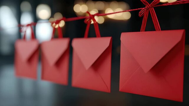 Red envelopes hanging on a string in a warm decorative setting