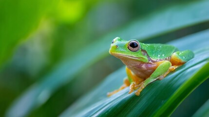 Naklejka premium A vibrant tree frog rests on a tropical leaf, embodying nature's delicate beauty. 