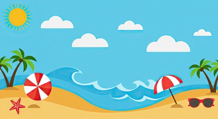 Obraz premium Flat 2D Summer Beach Scene with Palm Trees, Umbrellas, and Waves