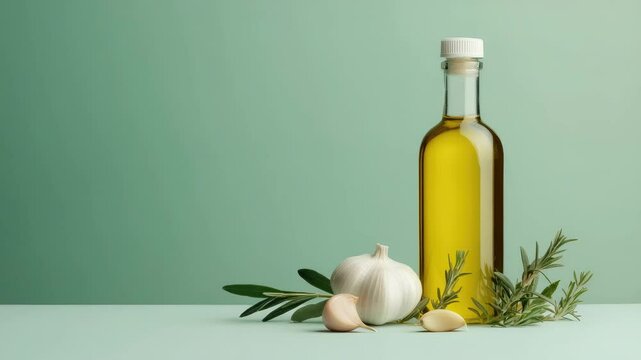 Fresh Ingredients with Olive Oil and Herbs on Minimalist Surface