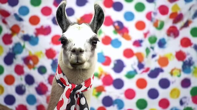 Llama with a patterned scarf against a polka dot backdrop