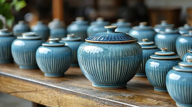 Blue Ceramic Jars on Wooden Table: Rows of teal ceramic jars with lids, exhibiting vertical ribbed patterns and glossy surfaces, arranged on a rustic wooden table.