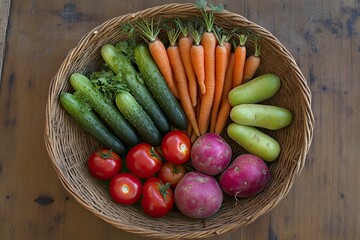 Freshly harvested vegetables in a woven basket