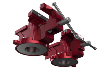 MANUFACTURING TOOLS, Set of Robust Metal Vises with Adjustable Clamps for Industrial MANUFACTURE or DIY Use, Dual Red Workshop Vises with Durable Silver Screw Mechanisms on PNG Transparent BackgrounD