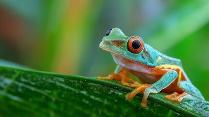 Fototapeta premium A vibrant tree frog rests on a tropical leaf, embodying nature's delicate beauty. 