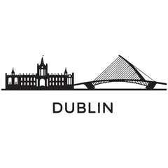 Obraz premium Vector Dublin skyline. Travel Dublin famous landmarks. Business and tourism concept for presentation, banner, web site. Vector black silhouette. with white background
