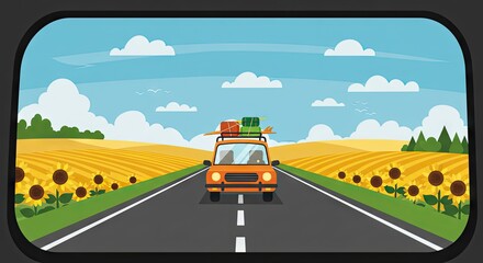 Summer Road Trip with Surfboards &ndash; Flat Vector Travel Illustration in Sunflower Field