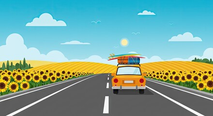 Obraz premium Summer Road Trip with Surfboards – Flat Vector Travel Illustration in Sunflower Field
