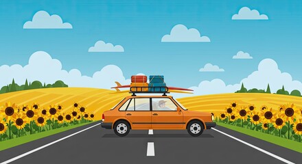 Summer Road Trip with Surfboards &ndash; Flat Vector Travel Illustration in Sunflower Field