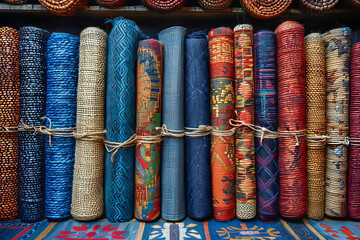 Colorful rolled carpets displaying traditional patterns in a bazaar