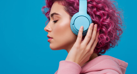 Young woman with bright pink curly hair and pink sweatshirt immersed in music, listening to it through big blue wireless headphones on a plain blue background.