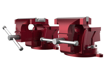 MANUFACTURING TOOLS, Set of Robust Metal Vises with Adjustable Clamps for Industrial MANUFACTURE or DIY Use, Dual Red Workshop Vises with Durable Silver Screw Mechanisms on PNG Transparent BackgrounD