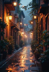 Fototapeta premium Cozy Evening Scene with Vintage Lantern Illuminating a Rainy Alleyway