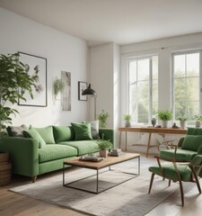 Bright living space, sofa, coffee table, green accents,  natural,  green