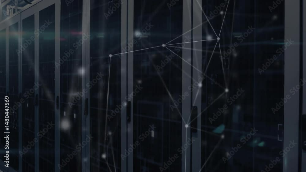 Poster server racks glowing with data streaming in dark aisle in 3d render, featuring network overlay