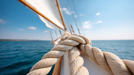 Obraz premium Close-up of nautical rope on sailing boat with blue ocean and sky background