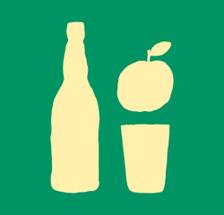 Apple cider hand-drawn illustration. Bottle, glass and apple simple shapes