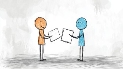 Obraz premium Two Hand-Drawn Characters Exchanging Documents in a Creative Business Setting with Soft Background