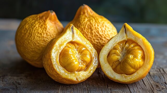 A whole and halved Chempedak fruit, showing its golden yellow pods