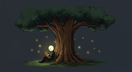 Fototapeta premium Solitary Figure Reading Underneath a Majestic Oak Tree at Night