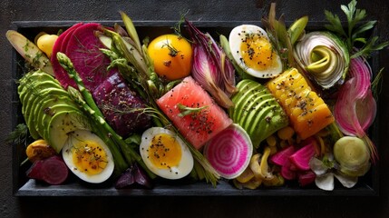 Fresh, vibrant ingredients arranged in a colorful healthy meal, celebrating natural nourishment and artistic presentation.
