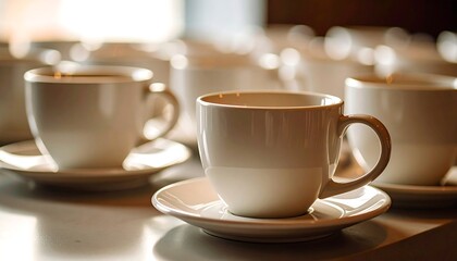 Obraz premium A row of coffee cups on saucers in soft morning light A warm inviting breakfast scene