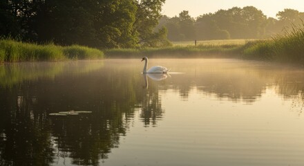 Fototapeta premium Swan in Misty Lake, Photos