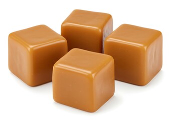 Four caramel cubes arranged closely on a white surface
