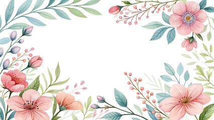 Watercolor Floral Frame with Pink Flowers and Green Leaves for Spring or Summer on Trnsparent PNG
