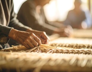 Elderly Hands Skillfully Weaving Traditional Straw Mat Close Up Craftsmanship
