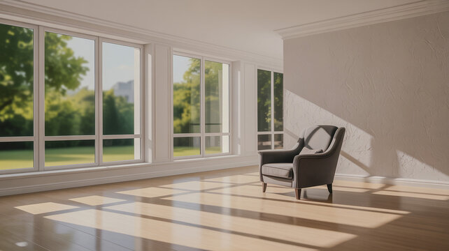 Modern empty room with wooden floor and large livid windows sumptuosity modern bright interiors room illu 