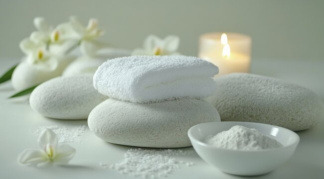 White spa elements with white powder and small pebbles, candles and towels on the background of stones, flowers and rocks for relaxation, isolated on a white background. 