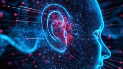 Abstract digital human head profile with glowing ear and data streams.