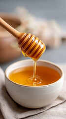 Golden honey dripping from dipper into ceramic bowl
