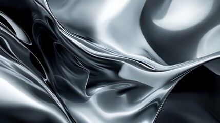 Abstract liquid metal texture with flowing curves and reflections in grayscale