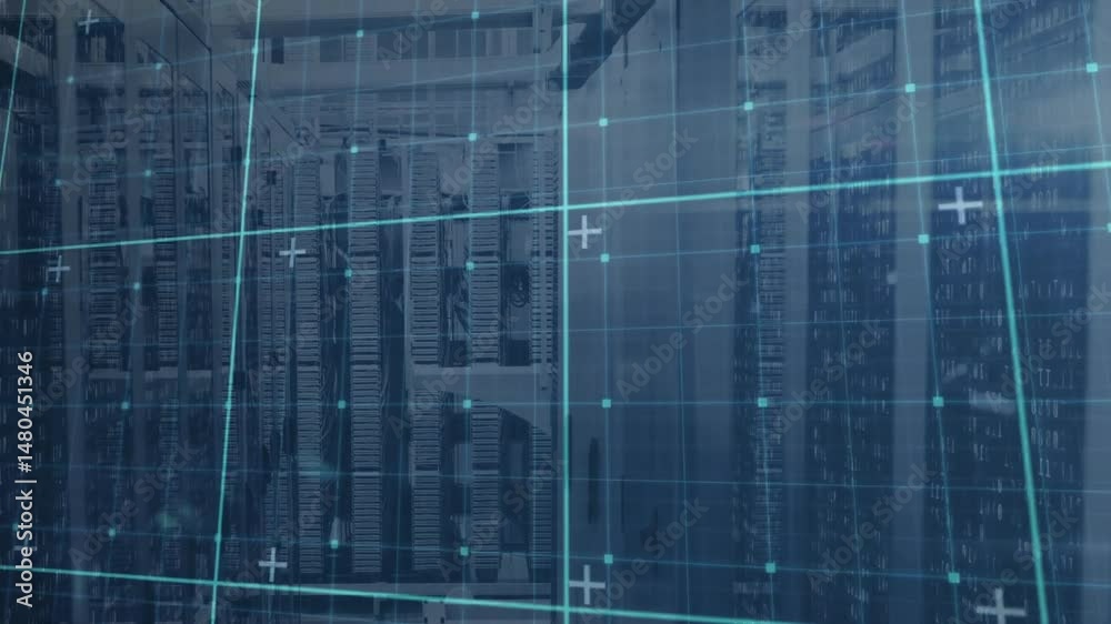 Poster server racks being visualized under glowing blue grid overlay, featuring cables and binary streams
