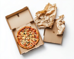 Partially eaten pizza in cardboard box with crumpled paper