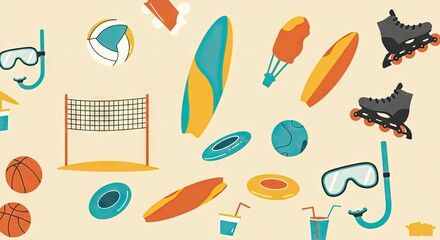 Summer Sports & Leisure Pattern with Surfboards, Rollerblades & Beach Games