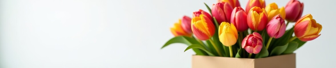 Fototapeta premium Close-up of a stylish paper box overflowing with vibrant tulips, on white background, petals, colorful, present