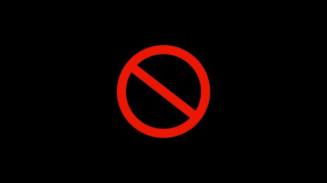 Warning, stop or no entry forbidden red circle on black background. Animation of delete, denied, ban or block icon