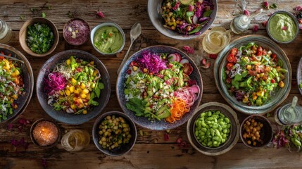 Fresh, vibrant ingredients arranged in a colorful healthy meal, celebrating natural nourishment and artistic presentation.
