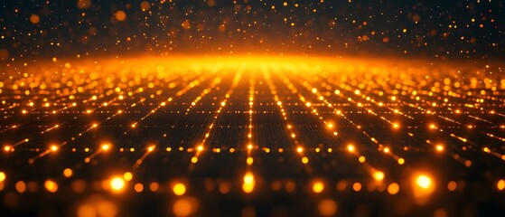 Abstract golden light dots arranged in grid formation, offering a captivating visual experience. The image conveys a sense of modernity and technological advancement