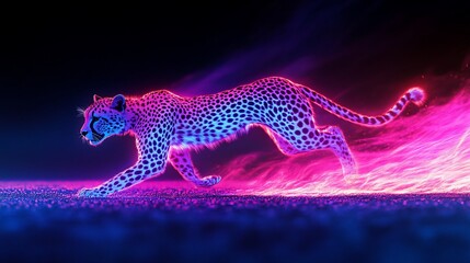Neon cheetah running in the dark with pink and blue light trails for a stunning effect