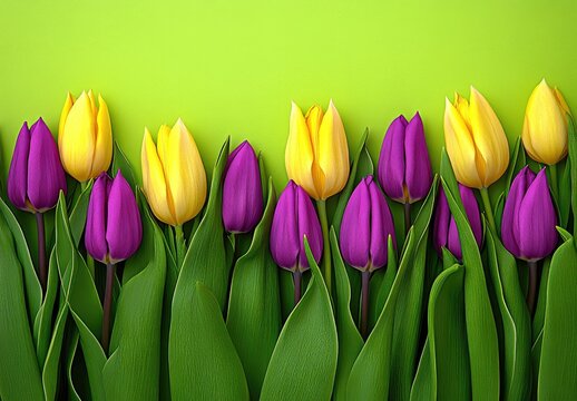 Vibrant purple and yellow tulips arranged on a lime green background.  Rows of tulips create a  floral border with fresh green leaves