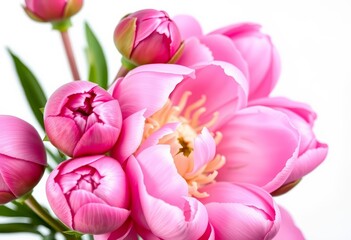 Obraz premium Close-up of vibrant pink peony buds, isolated on white Ample copy space for design mockups, spring, greeting card