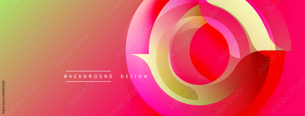 Poster Abstract colorful background. Concentric circles create dynamic visual effect. Gradient transitions from yellow to pink hues. Text reads background design.