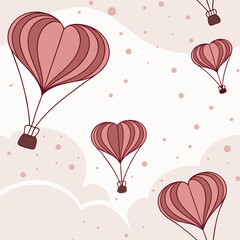 Heart-shaped hot air balloons floating in pastel sky with clouds  